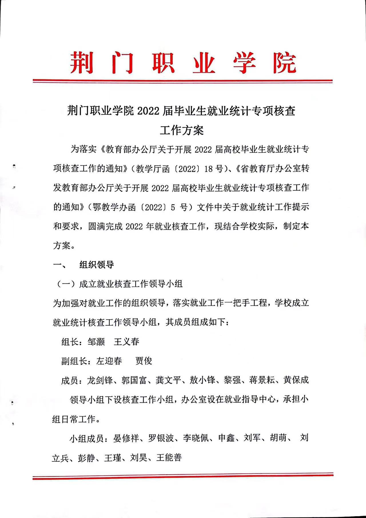 荊門(mén)職業(yè)學(xué)院2022屆畢業(yè)生就業(yè)統(tǒng)計(jì)專項(xiàng)核查工作方案